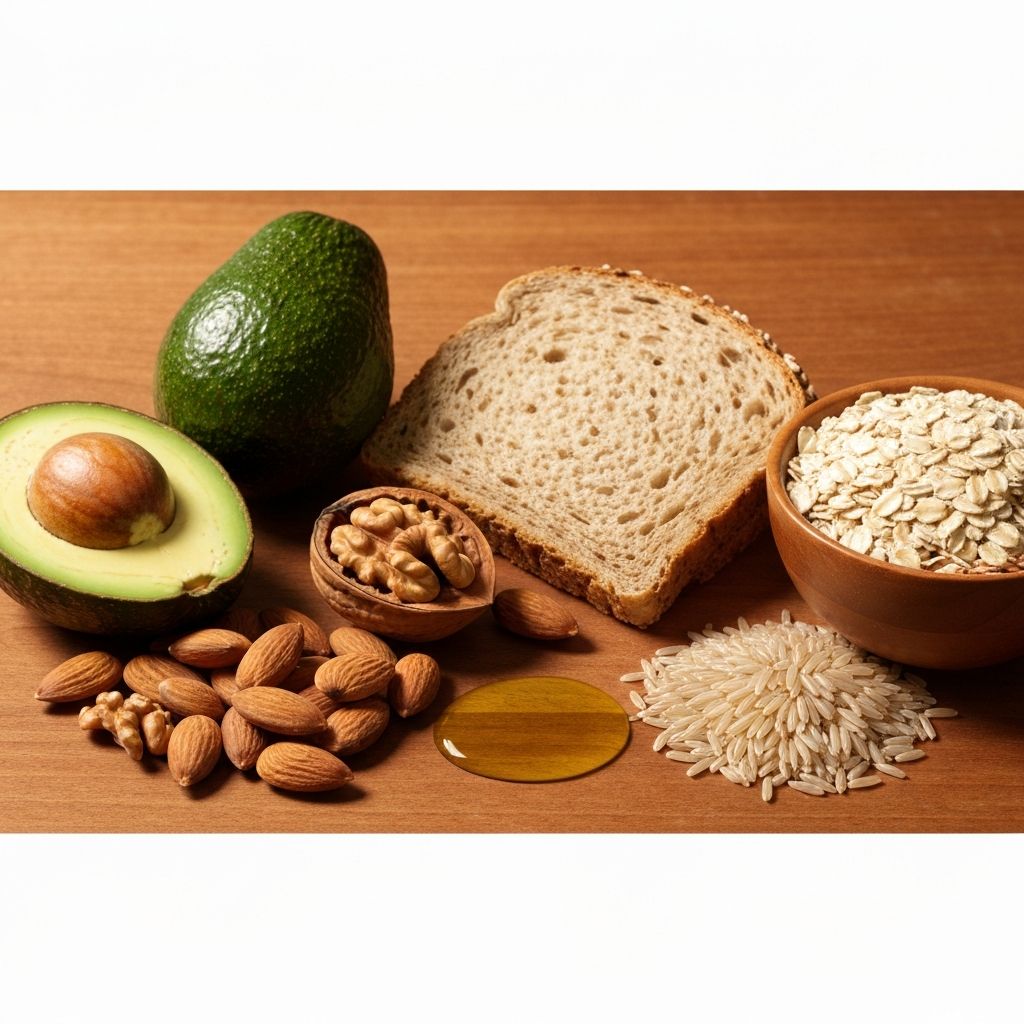 Healthy fats including avocado, nuts, and olive oil