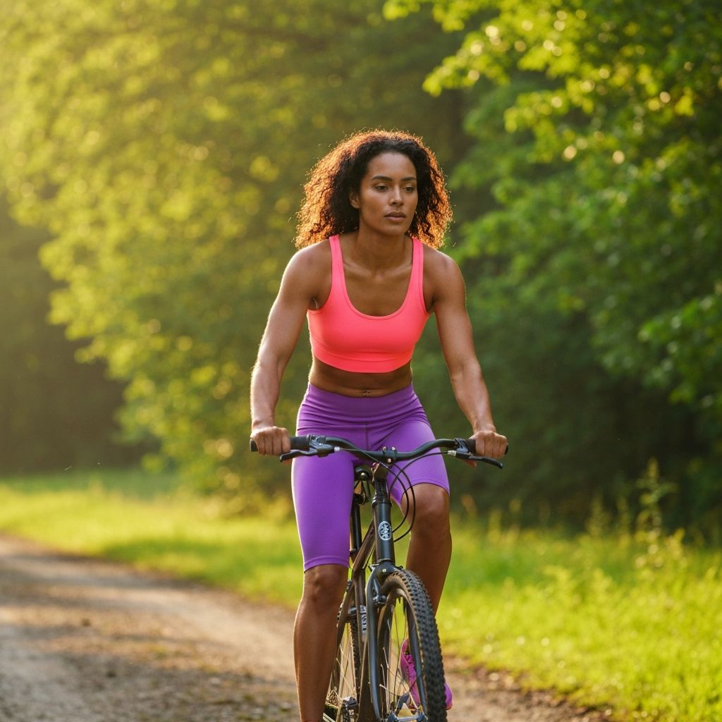 Person cycling on a forest path in natural landscape